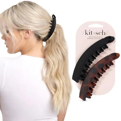 Afbeelding van Kitsch Grote haarclip van gerecycled kunststof bananenhaarspelden voor vrouwen haarspelden en dikke meisjes (2 stuks, zwart schildpad), 1 stuk