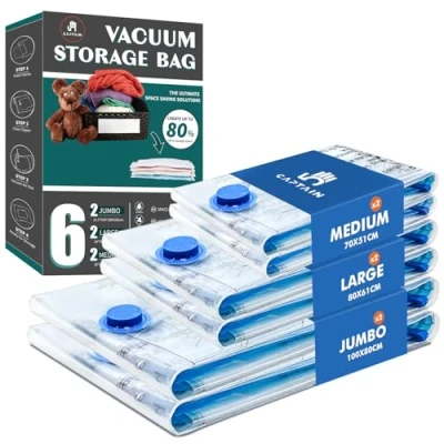 Afbeelding van CaptainFive vacuümzakken voor kleding, stofzuiger, 6 stuks, (2 x 100 80 cm + 2 61 70 51 cm), herbruikbare vacuümopbergtas dekbedden, beddengoed