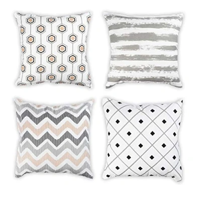Image de Penguin Home® Lot de 4 housses coussin carrées 100 % coton tessées avec fermeture à glissière invisible 45 cm x (18 18), (couleurs Beige, noir, gris)