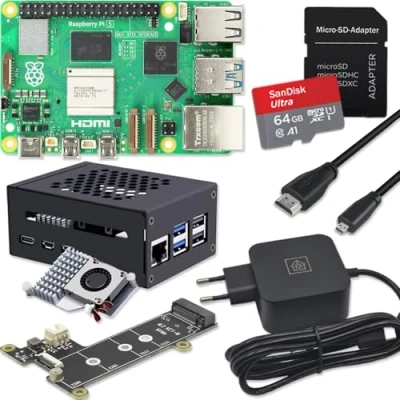 Afbeelding van Raspberry Pi 5 8GB PCIe M.2 NVMe Kit Metalen behuizing Actieve koeler SSD kaart 27W USB C voeding 64GB SD 4K Micro HDMI kabel