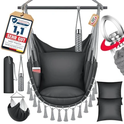Afbeelding van KESSER® hangstoel met 2 kussens, bekerhouder en opslag voor boeken, safari XXL volwassenen kinderen, hangmat een maximale belasting van 150 kg, antraciet