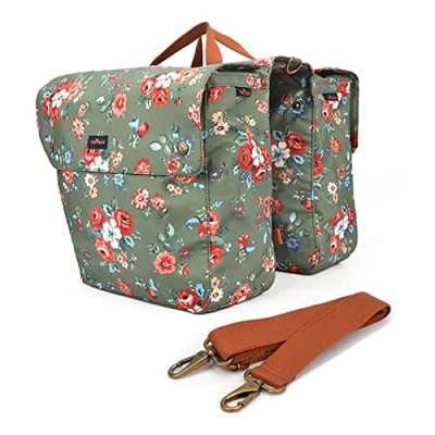 Afbeelding van Tourbn Tourbon T TB748CA FL Sac de rangement en toile imperméable pour siège arrière vélo double enroulable (motif fleur), vert, 33 x 12,5 30 cm