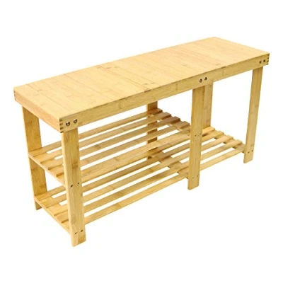 Afbeelding van KKTONER Schoenenrek bamboe met bank 3 planken, schoenenrek, 87 x 28 45,5 cm