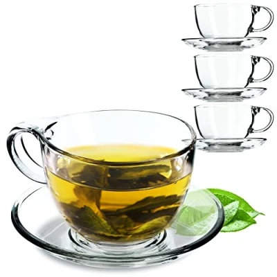 Afbeelding van KADAX 4 stuks transparante glazen kopjes met schotel, 200 ml/250 ml, theekopjes, koffiekopjes, schoteltjes, schoteltje, Lea