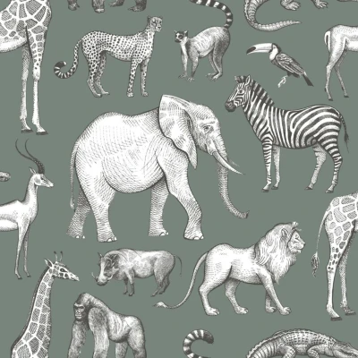 Afbeelding van ESTAhome behang jungle dieren vergrijsd groen 139513 53 cm x 10,05 m
