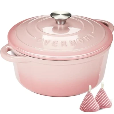 Image de Overmont Cocotte en Fonte Émaillée Ø26 cm Casserole Antiadhésive Avec Couvercle et Maniques Coton Batterie de Cuisine Robuste pour Braiser Ragoûts Rôtir Pain Rose pastel