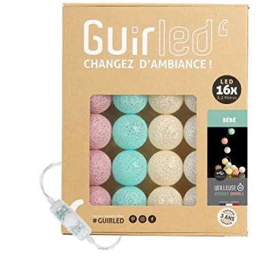 Afbeelding van GuirLED Lichtketting met bolletjes van katoen, USB, 2 uur nachtlampje voor baby&#039;s, incl. A dubbele USB adapter, 3 intensiteiten, 16 bolletjes, 1,6 m, Bébé