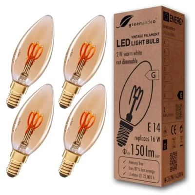 Afbeelding van Greenandco® led gloeilamp, vintage, E14, 2 W (komt overeen met 16 W), 150 lm, 2000 K, warm wit, 360 graden, 230 V, glas, niet dimbaar, 4 stuks