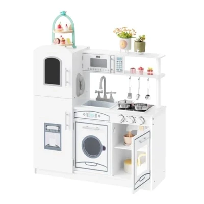 Afbeelding van Woltu Houten kinderkeuken 5 delige speelgoedkeuken met accessoires, kindereettafel wit