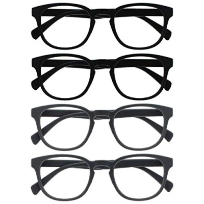 Afbeelding van Opulize Pop 4 Stuks Retro Ronde Glad Mat Zwart Grijs Mannen Vrouwen Leesbril Scharnieren Met Veer RRRR2 1177 +3,00
