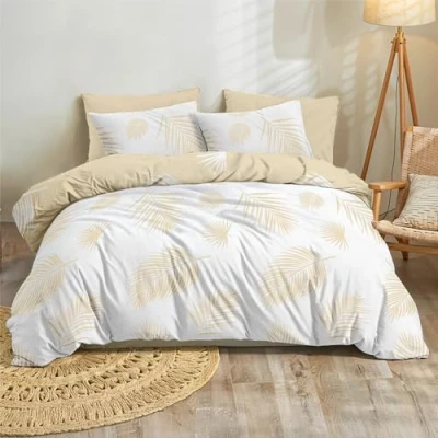 Afbeelding van Dreamzie Dekbedovertrek 200 x cm met 2 kussenslopen 65 cm, motief tropische palmbladeren, beige/wit, beddengoed ritssluiting, voor tweepersoonsbed, Oeko TEX