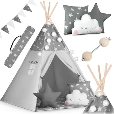 Afbeelding van Nukido 740020 Tipi grijs met sterren, slingers