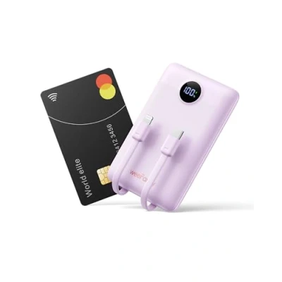 Afbeelding van WeeFancy Externe batterij, 10.000 mAh, powerbank, 22,5 W, snel opladen, PD QC, met geïntegreerde kabels, USB C/Lightning uitgang, mini en dun, draagbaar, led display, compatibel