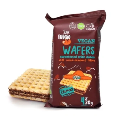 Afbeelding van SUPER FUDGiO Biologische wafels met cacao en hazelnootcrème, gezoet dadels in plaats van suiker, zonder palmolie, veganistische snack 4 x 30 g (120 (1 verpakking)
