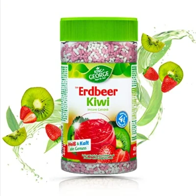Afbeelding van KING GEORGE Royal Tea Time, Instant drankje, aardbei kiwi smaak, 6 x 400 g, warm en koud een genot, geeft tot 4 l thee