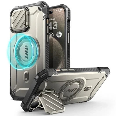 Afbeelding van SUPCASE UB Pro MagXT Hoesje Geschikt voor Apple iPhone 15 Max Back Cover met Camera Protector Kickstand Compatibel MagSafe Extra Bescherming Grijs