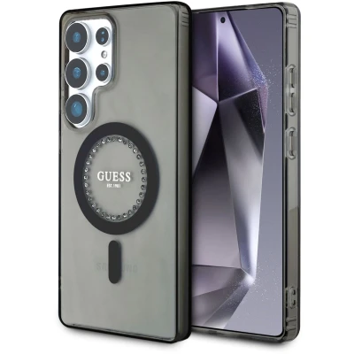 Afbeelding van Guess Geschikt voor S25 Ultra Backcover hoesje Rhinestones Printed Classic Logo MagSafe Zwart