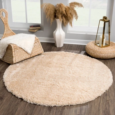 Afbeelding van Porto Soft Fluffy Vloerkleed Hoogpolig Effen Beige 120 cm rond