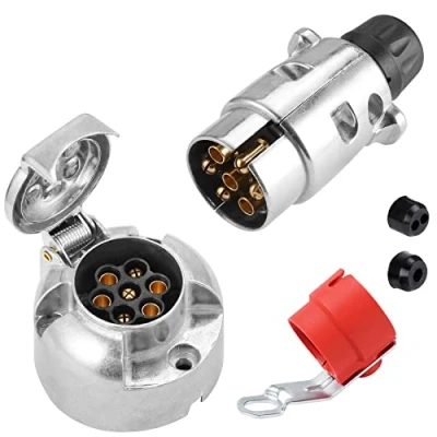 Afbeelding van SPARKMOTO Stekker voor aanhanger 7 polig en polige aanhangerstekker van metaal, 12 V, mannelijke vrouwelijke aanhangerconnector, polig, waterdicht, met rode stekkerhouder (SKM0702C)