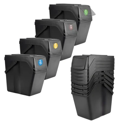Afbeelding van KADAX Afvalemmer voor afvalscheiding van kunststof, vuilnisemmer met waterdicht deksel, afvalsorteerder, beweegbare handgrepen (zwart, 4 x 25 l)
