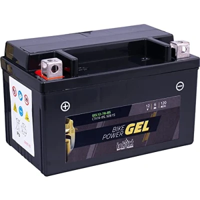 Afbeelding van intAct Bike Power GEL12 7A BS motorfietsaccu vervangt YTX7A BS, YTX7A. 12V 6Ah 120A accu. Afmetingen: 150 x 87 94 mm, tot 30% meer startvermogen.