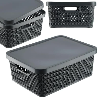 Afbeelding van KADAX Opbergmand, mand met deksel, opbergdoos, kunststof moderne plankmand, container ventilatiegaten (12 l, grijs)