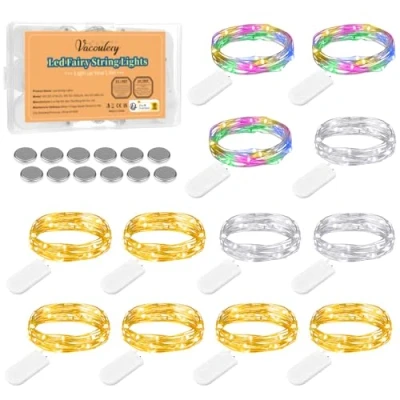 Afbeelding van Led lichtsnoer, 12 stuks, werkt op batterijen, 2 m, 20 leds, waterdicht, lichtketting, decoratie voor Kerstmis, terras, gazon (3 kleuren)
