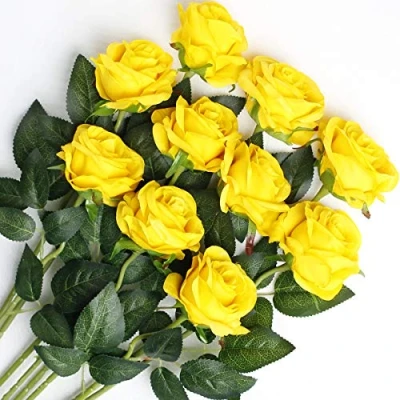 Afbeelding van 10 stuks kunstrozen, zijde, bloemen, namaakbloemen, bruid, bruiloftsboeket voor tuin, verjaardag, feest, thuis, bruiloftsdecoratie (geel bloeiende rozen)