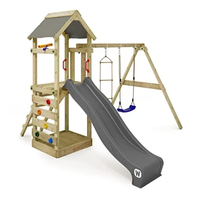 Afbeelding van WICKEY speeltoestel klimtoestel FreeFlyer met schommel en antracietkleurige glijbaan, outdoor voor kinderen zandbak, ladder speelaccessoires de tuin