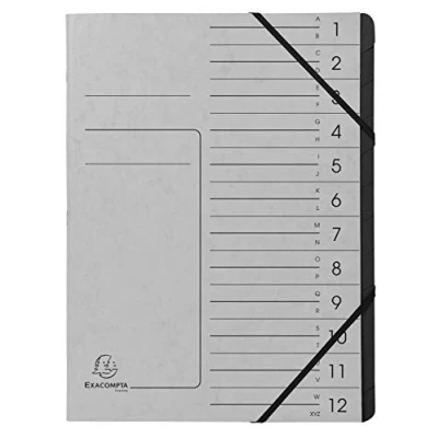 Image de Exacompta Réf. 541211E 1 trieur dos agrafé avec élastiques couverture imprimée en carte lustrée et intérieur recyclée noire 12 compartiments dim 24,5x 32 cm A4 couleur gris