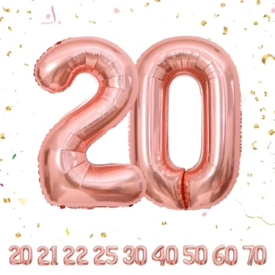 Afbeelding van Ballonnen verjaardag 20 jaar, roségoud, 101 cm, ballon nummer 20, opblaasbare folie decoratie van man vrouw vliegen met helium