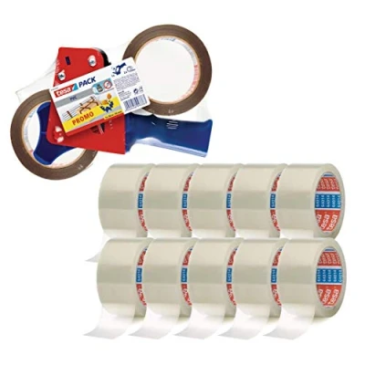 Afbeelding van tesa 10 rollen pakkettape transparant 66 m x 50 mm + handafroller