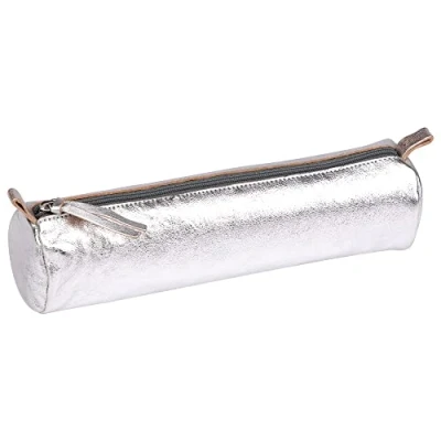 Afbeelding van Clairefontaine 8688C Trousse Scolaire Ronde Argentée Effet Irisé Ø5,5x22 cm en Véritable Cuir d&#039;Agneau Fourniture Crayons de Couleurs Etui à Porte Plume