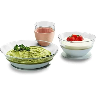 Image de BÉABA &amp; Duralex, Coffret Repas Enfant en Verre, Assiette, Bol, Verre avec Ventouse Silicone, Ergonomique, Evolutif, Sain, Durable, Made in France, Eucalyptus