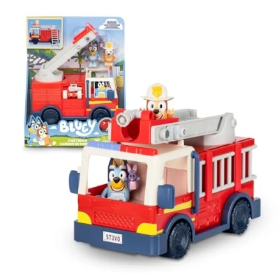 Afbeelding van BLUEY BLY68000 Brandweerwagen, blauw voertuig, Bingo actiefiguur, beweegbare poppen met slangaccessoires, ladder, vrachtwagen, beroemdheid