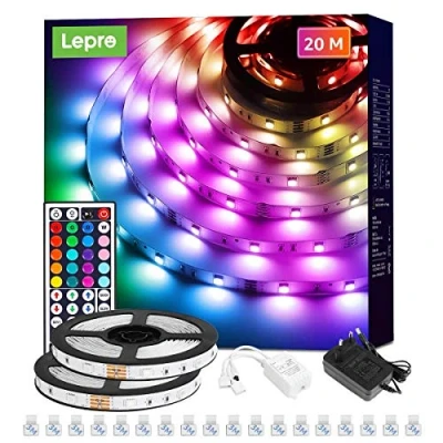 Afbeelding van Lepro Ledstrip 20 m (2 x 10 m) RGB set, 5050 SMD 600 LEDs strip, 12 V, zelfklevende ledstrip, flexibele led lichtstrip, IP20, dimbare voeding en controller inbegrepen