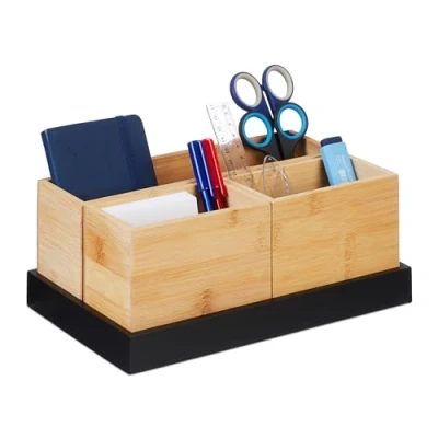 Afbeelding van Relaxdays bamboe organizer 4 delig bureau opbergbakje badkamer