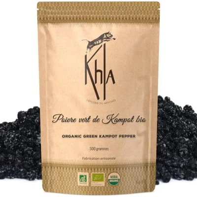 Afbeelding van Khla Verse groene peper uit Kampot gecertificeerd biologisch 500 g Zak in biologische korrels Grand Cru, aromatisch &amp; plantaardig Direct Producer Voorgerecht, Sauzen Oorsprong