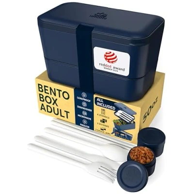 Afbeelding van Umami Bento Lunchbox, bestek en 2 sauspotten inbegrepen, Box, magnetronlunchbox, lunchbox voor volwassenen, inbouwbox, 4 vakken,