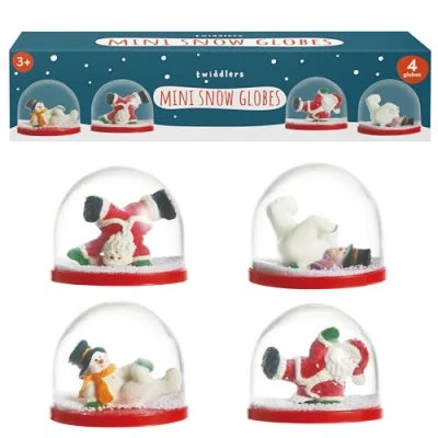 Afbeelding van THE TWIDDLERS 4 Mini Kerst Sneeuwbollen in Kerstmis Feestelijke Ontwerpen voor Sokkenvullers, Geschenktassen, Ornamenten, Decoraties 6cm (2 Sneeuwmannen &amp; 2 Kerstman)