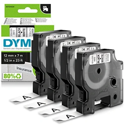 Afbeelding van DYMO originele D1 labels Zwarte opdruk op witte tape Rol van 12 mm x 7 m Zelfklevende voor LabelManager labelmakers 4 stuks