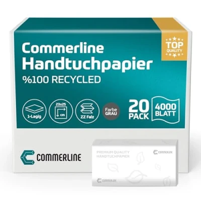 Afbeelding van Commerline 4000 vellen papieren handdoeken, 25 x 23 cm, ZZ gevouwen, voor dispensers, wegwerphanddoeken, gevouwen toiletten, maandverband