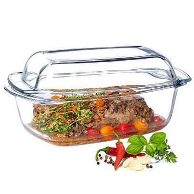 Afbeelding van KADAX Ovenschaal met deksel en handgrepen, 5,1 liter, rechthoekige glazen braadpan van hittebestendig glas, ovenvorm voor vlees, lasagne, oven