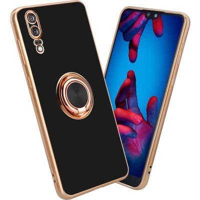 Afbeelding van Cadorabo Hoesje geschikt voor Huawei P20 in Glossy Zwart Goud met ring Beschermhoes van flexibel TPU silicone Case Cover camerabescherming en magnetische autohouder