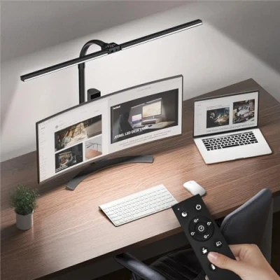 Afbeelding van Krachtige led bureaulamp, 24 W, 80 cm, tafelklemlamp met dubbele kop, afstandsbediening, flexibele hals, 360 graden verstelbaar, oogbescherming, 10 kleurmodi, helderheid, timer