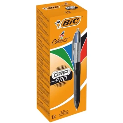 Afbeelding van BIC® 4 Kleuren Grip Pro Balpen, Medium Punt, 1 mm, Zwart, Blauw, Rood, Groen (doos 12 stuks)