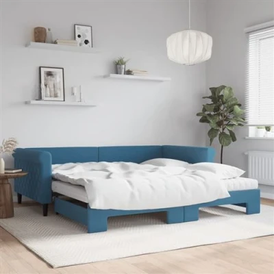 Afbeelding van vidaXL Slaapbank onderschuifbed en matrassen 100x200 cm fluweel blauw