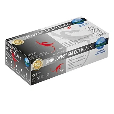 Afbeelding van Select Black Unigloves Doos van 100 zwarte latex wegwerphandschoenen, maat: M