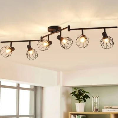 Afbeelding van ANWIO plafondlamp met 6 led binnenspots E14 fitting, plafondlampen zwarte spots rechthoekige basis, draaibaar, (zonder lampen).