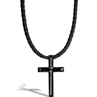 Afbeelding van SERASAR Leren Herenketting [Anchor] Zwart 50cm Gevlochten Halsband